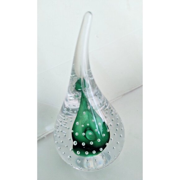 Adam Jablonski Green and Clear Art Hand Blown Glass Teardrop Paperweight Signed - Picture 1 of 12